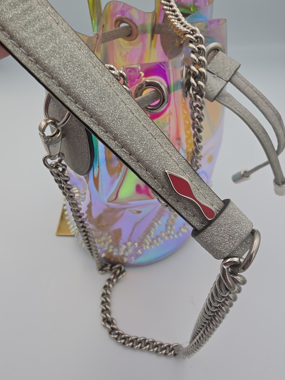 Christian Louboutin Irredesent W Silver Small Chain Bucket Crossbody (FAIR)COA🩶 - Picture 10 of 16